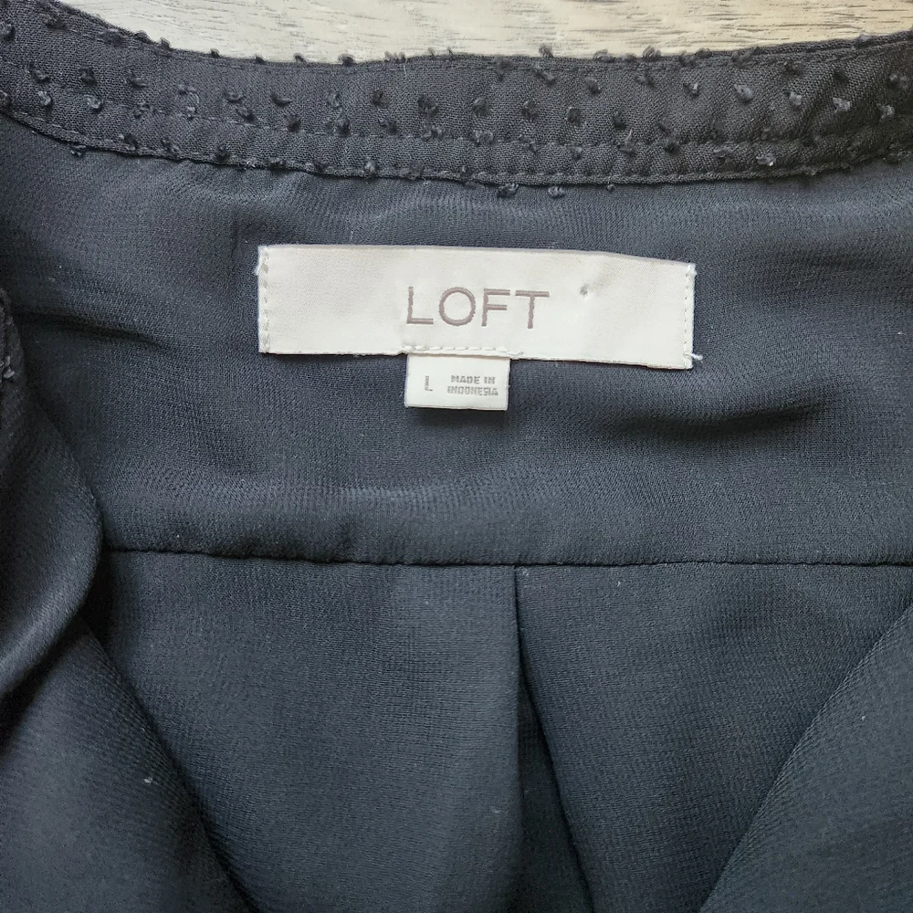 Loft Black Swiss Dot Shirt Womens Large Velvet Trim Long Sleeve Top - Picture 5 of 10